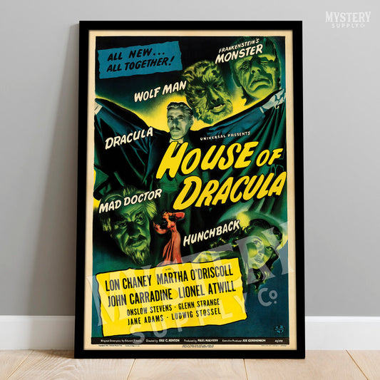 House of Dracula 1945 vintage horror vampire Frankenstein Wolf Man Mad Doctor Hunchback Universal monster movie poster reproduction from Mystery Supply Co. @mysterysupplyco