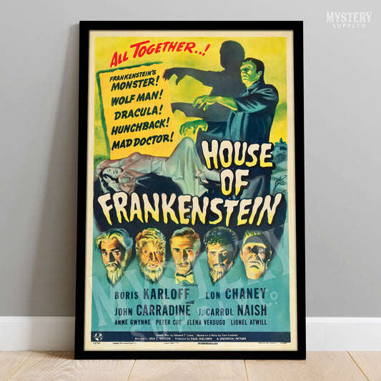 House of Frankenstein 1944 vintage horror vampire Dracula Wolf Man Mad Doctor Hunchback Universal monster movie poster reproduction from Mystery Supply Co. @mysterysupplyco