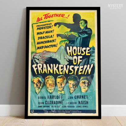 House of Frankenstein 1944 vintage horror vampire Dracula Wolf Man Mad Doctor Hunchback Universal monster movie poster reproduction from Mystery Supply Co. @mysterysupplyco