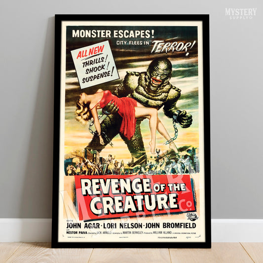 Revenge of the Creature 1955 vintage horror black lagoon gill man monster movie poster reproduction from Mystery Supply Co. @mysterysupplyco