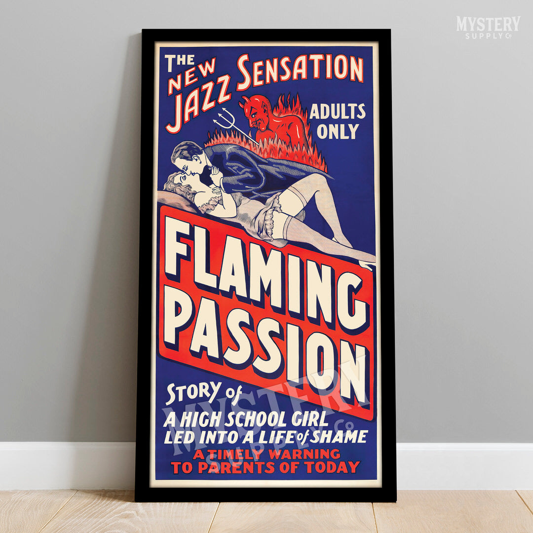 Flaming Passion 1930 vintage exploitation devil pitchfork lingerie stockings jazz movie poster reproduction from Mystery Supply Co. @mysterysupplyco