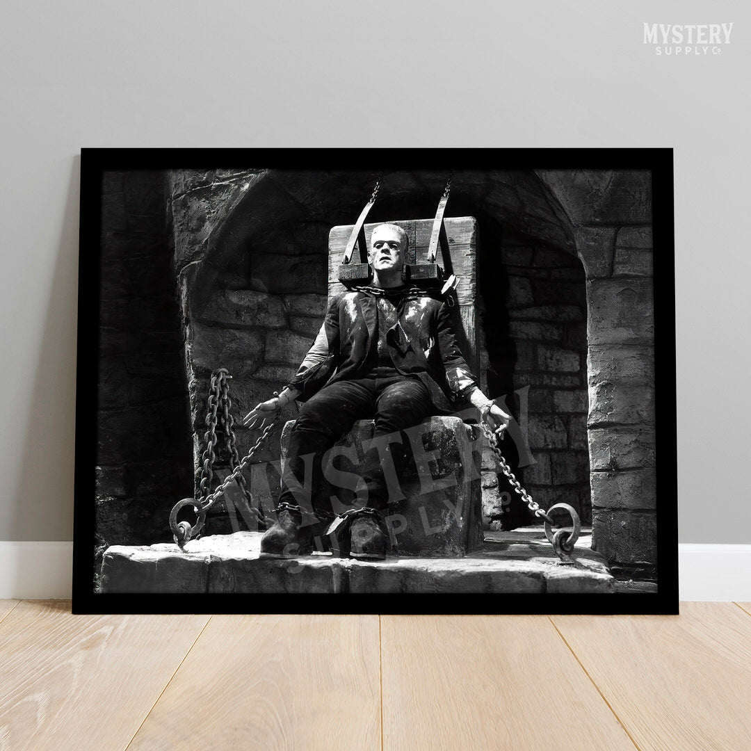 Frankenstein 1935 Vintage Horror Movie Monster Shackled and Bound in Chains Black and White Photo reproduction from Mystery Supply Co. @mysterysupplyco