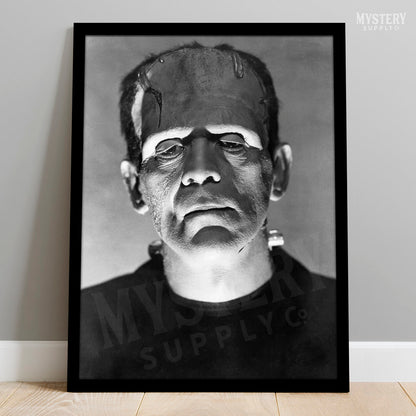 Frankenstein 1930s Vintage Horror Movie Monster Portrait Black and White Photo reproduction from Mystery Supply Co. @mysterysupplyco