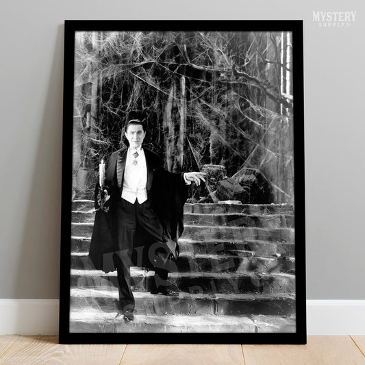 Dracula 1930s Vintage Bela Lugosi Horror Movie Vampire Monster Spooky Candle Steps Cobwebs Black and White Photo reproduction from Mystery Supply Co. @mysterysupplyco