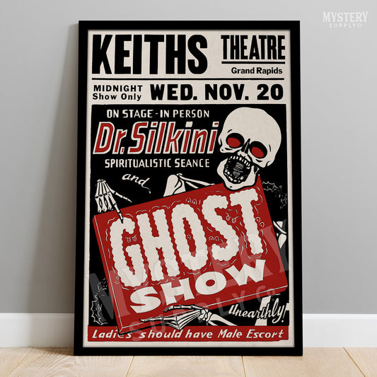 Dr. Silkini Spiritualistic Seance Ghost Show 1940s vintage horror skull skeleton shock show poster reproduction from Mystery Supply Co. @mysterysupplyco