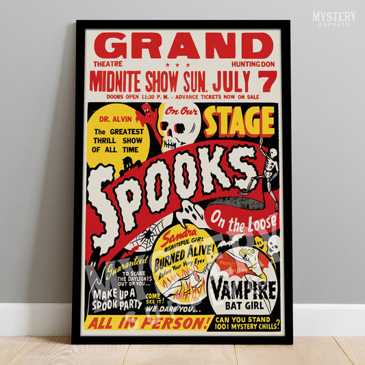 Spooks on the Loose Ghost Show 1950s vintage horror monster skull skeleton shock show poster reproduction from Mystery Supply Co. @mysterysupplyco