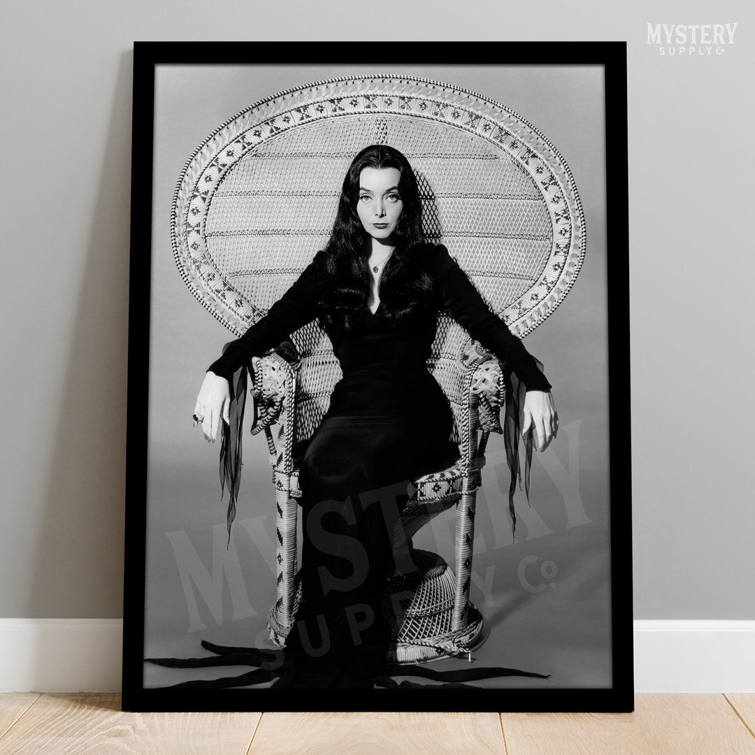Morticia Addams Carolyn Jones 1960s Vintage Addams Family Witch Horror Monster Beauty Black and White Photo reproduction from Mystery Supply Co. @mysterysupplyco