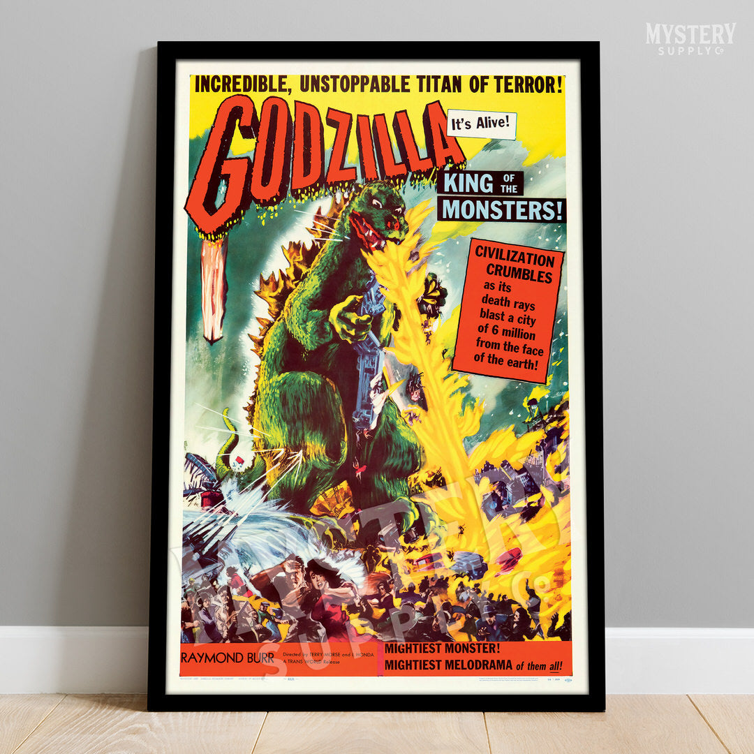 Godzilla 1956 vintage horror monster Gojira lizard movie poster reproduction from Mystery Supply Co. @mysterysupplyco