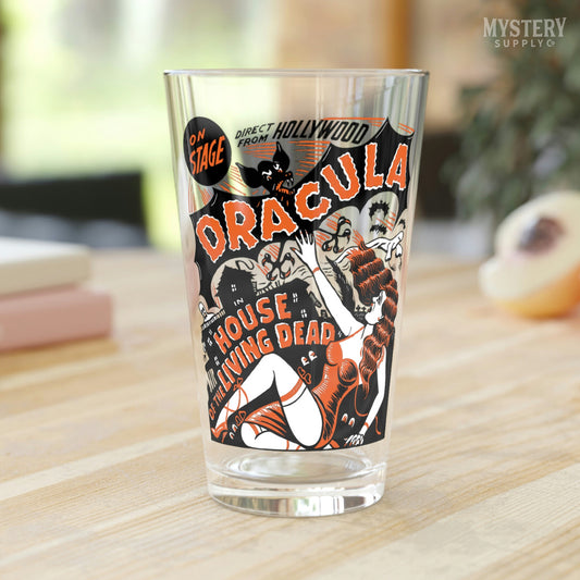 Dracula House of the Living Dead horror haunted house vampire bat 16oz pint glass from Mystery Supply Co. @mysterysupplyco