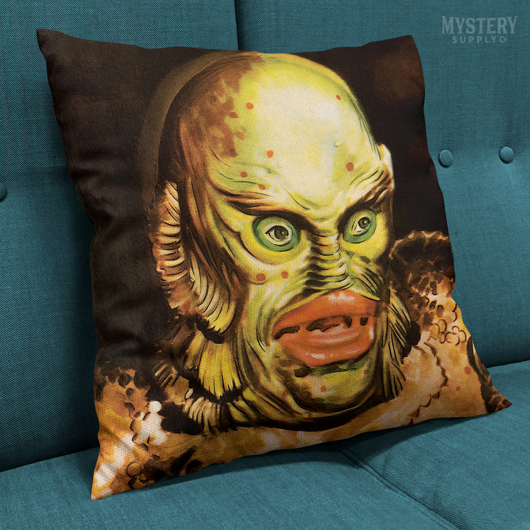 Creature from the Black Lagoon 1954 vintage horror monster gill man double sided decorative throw pillow home decor from Mystery Supply Co. @mysterysupplyco