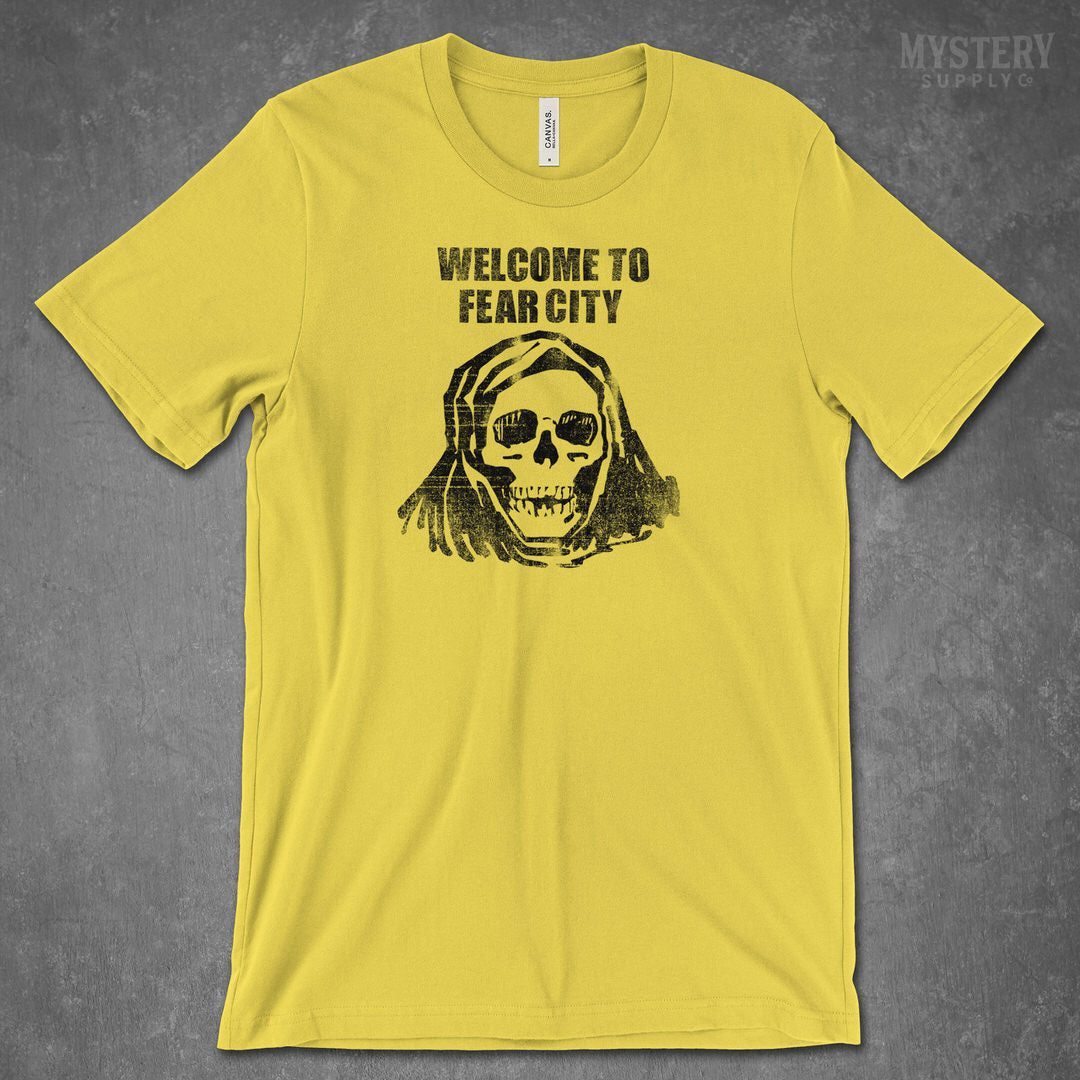 Welcome to Fear City 1970s NYC New York City crime skull yellow Mens Womens Unisex T Shirt from Mystery Supply Co. @mysterysupplyco