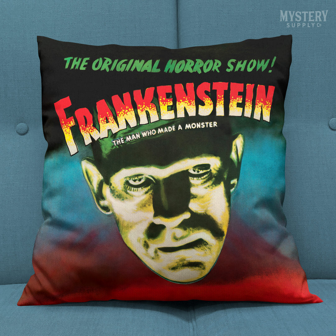 Frankenstein vintage horror monster double sided decorative throw pillow home decor from Mystery Supply Co. @mysterysupplyco