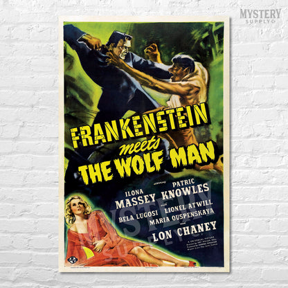 Frankenstein Meets the Wolf Man 1943 vintage horror monster werewolf movie poster reproduction from Mystery Supply Co. @mysterysupplyco