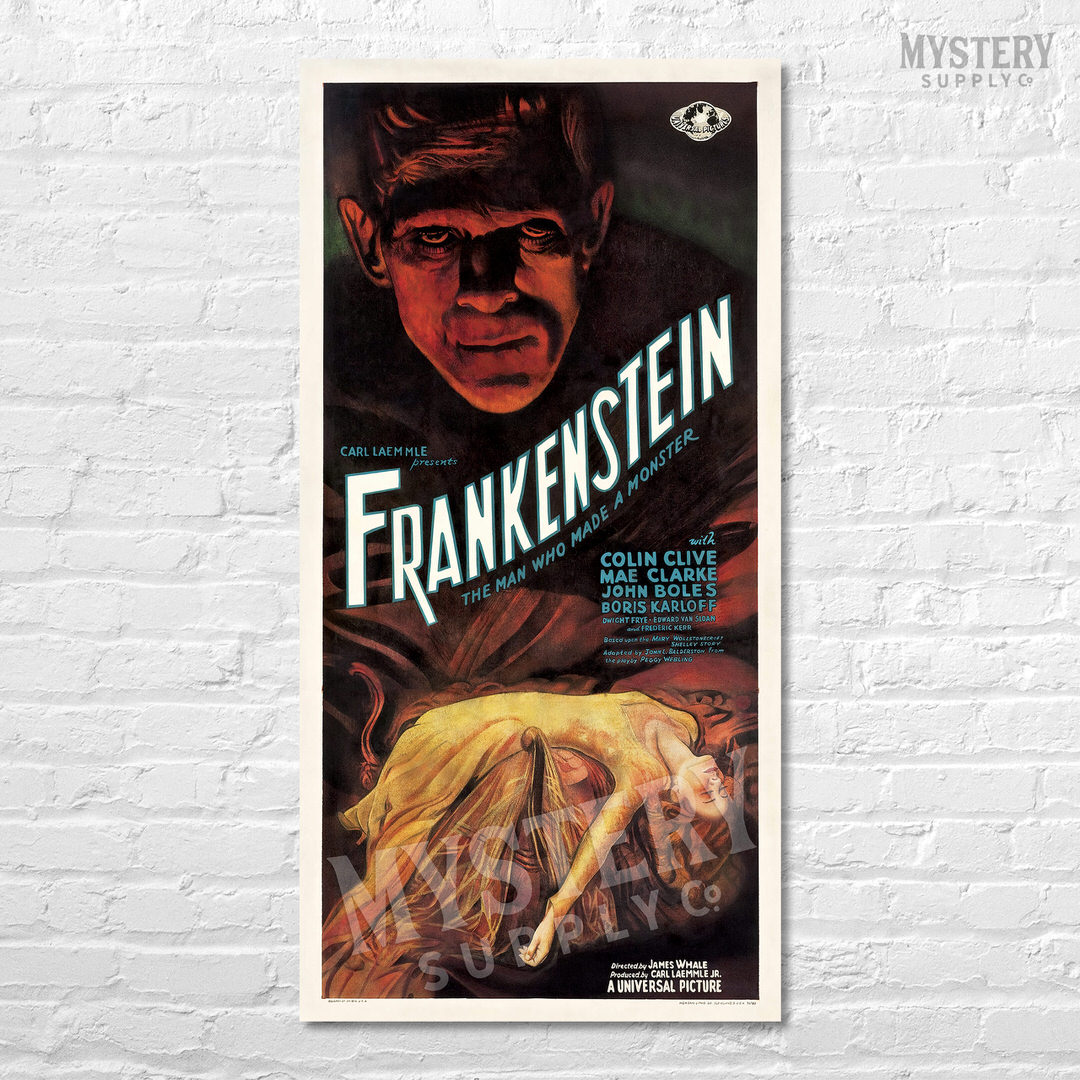 Frankenstein 1931 vintage Boris Karloff horror monster movie poster reproduction from Mystery Supply Co. @mysterysupplyco