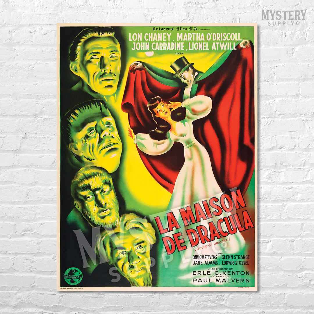 La Maison de Dracula 1947 French House of Dracula vintage horror monster vampire Frankenstein wolf man movie poster reproduction from Mystery Supply Co. @mysterysupplyco