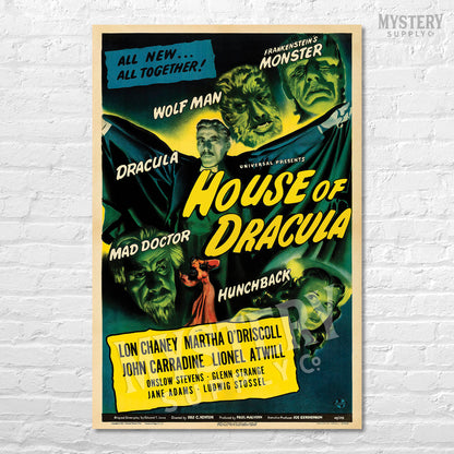 House of Dracula 1945 vintage horror vampire Frankenstein Wolf Man Mad Doctor Hunchback Universal monster movie poster reproduction from Mystery Supply Co. @mysterysupplyco