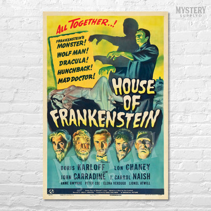 House of Frankenstein 1944 vintage horror vampire Dracula Wolf Man Mad Doctor Hunchback Universal monster movie poster reproduction from Mystery Supply Co. @mysterysupplyco