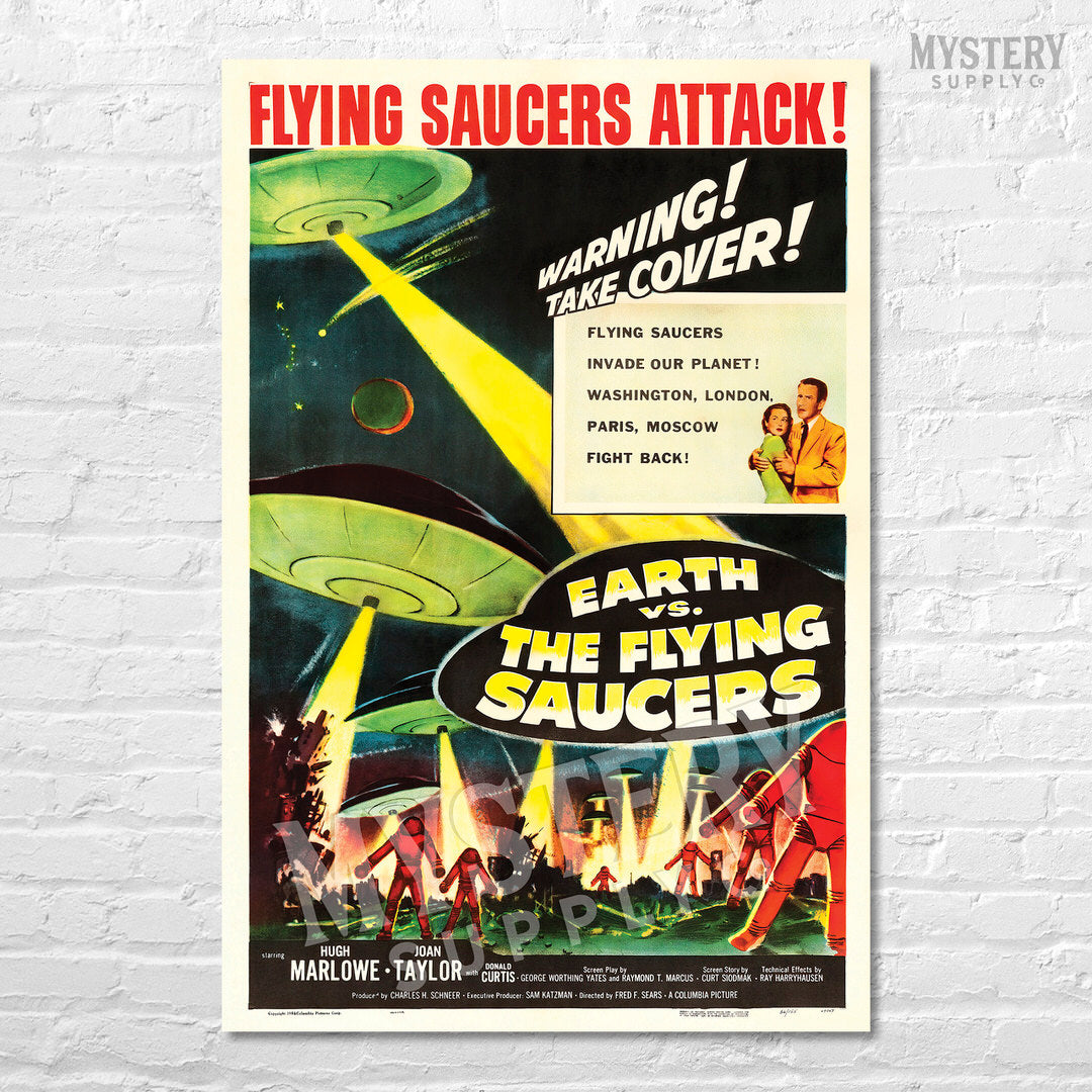 Earth vs the Flying Saucers 1956 vintage science fiction robot alien ufo flying saucer movie poster reproduction from Mystery Supply Co. @mysterysupplyco