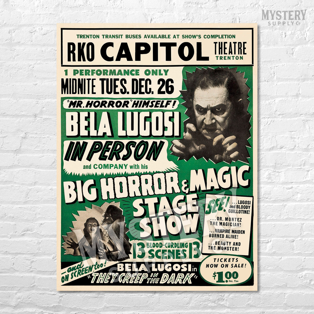 Bela Lugosi Big Horror and Magic Stage Show 1950 vintage vampire dracula poster reproduction from Mystery Supply Co. @mysterysupplyco