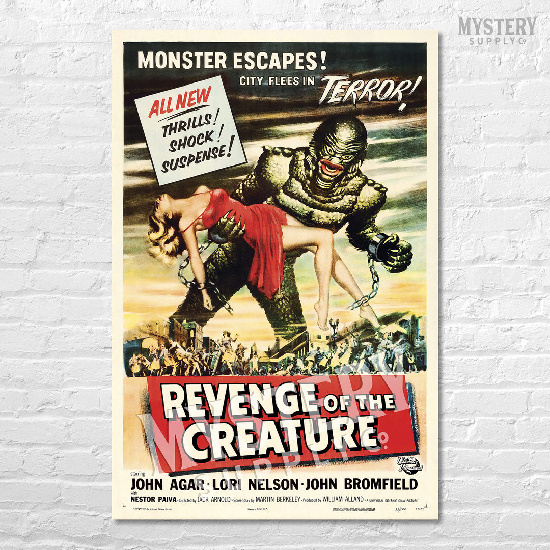 Revenge of the Creature 1955 vintage horror black lagoon gill man monster movie poster reproduction from Mystery Supply Co. @mysterysupplyco