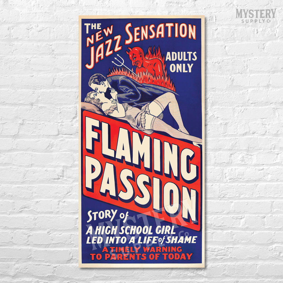 Flaming Passion 1930 vintage exploitation devil pitchfork lingerie stockings jazz movie poster reproduction from Mystery Supply Co. @mysterysupplyco