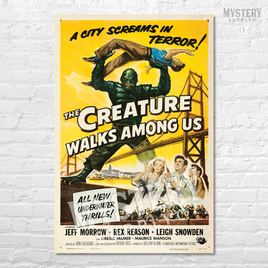 The Creature Walks Among Us 1956 vintage horror black lagoon gill man monster movie poster reproduction from Mystery Supply Co. @mysterysupplyco