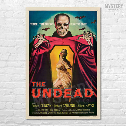The Undead 1957 vintage horror skull skeleton bats coffin Roger Corman movie poster reproduction from Mystery Supply Co. @mysterysupplyco
