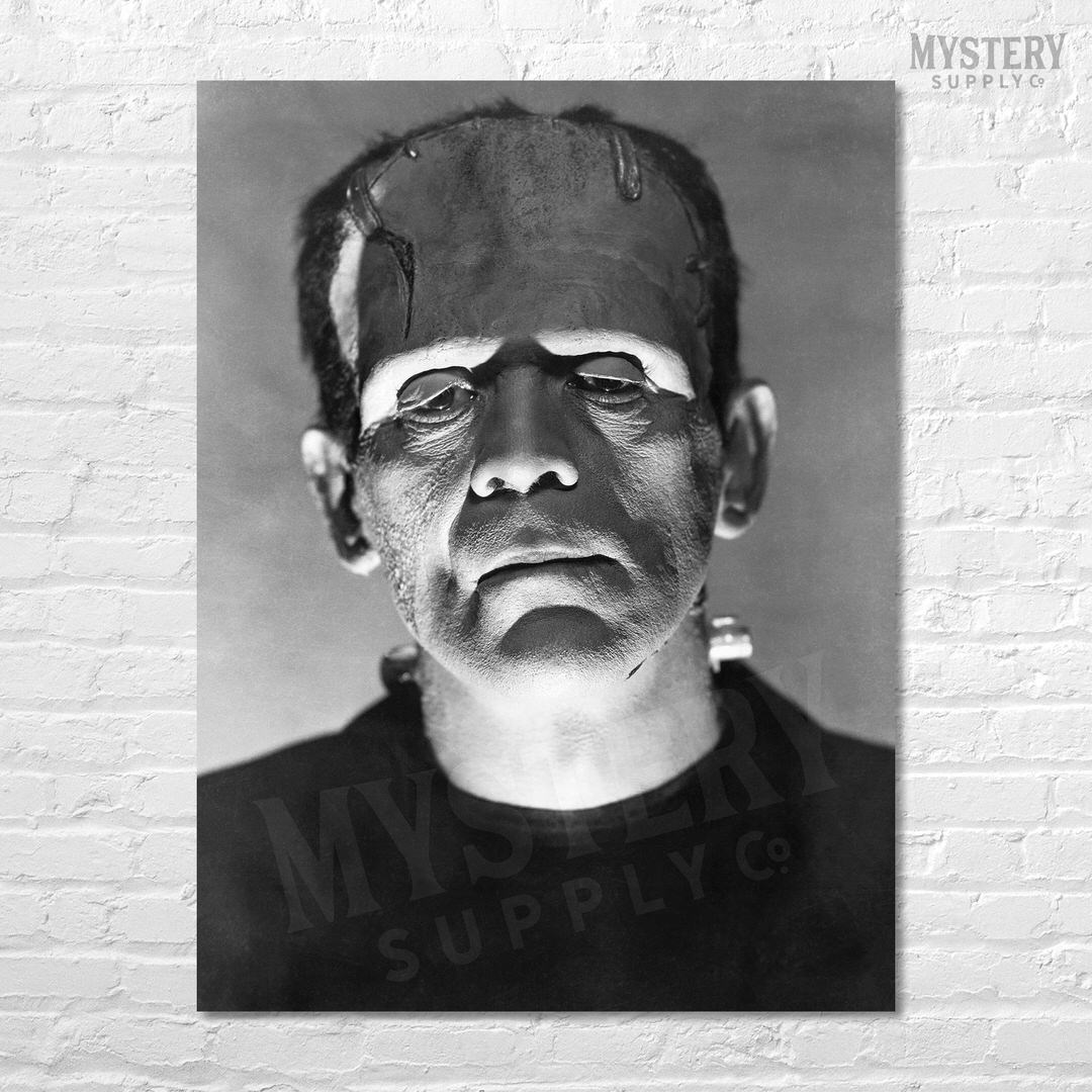 Frankenstein 1930s Vintage Horror Movie Monster Portrait Black and White Photo reproduction from Mystery Supply Co. @mysterysupplyco