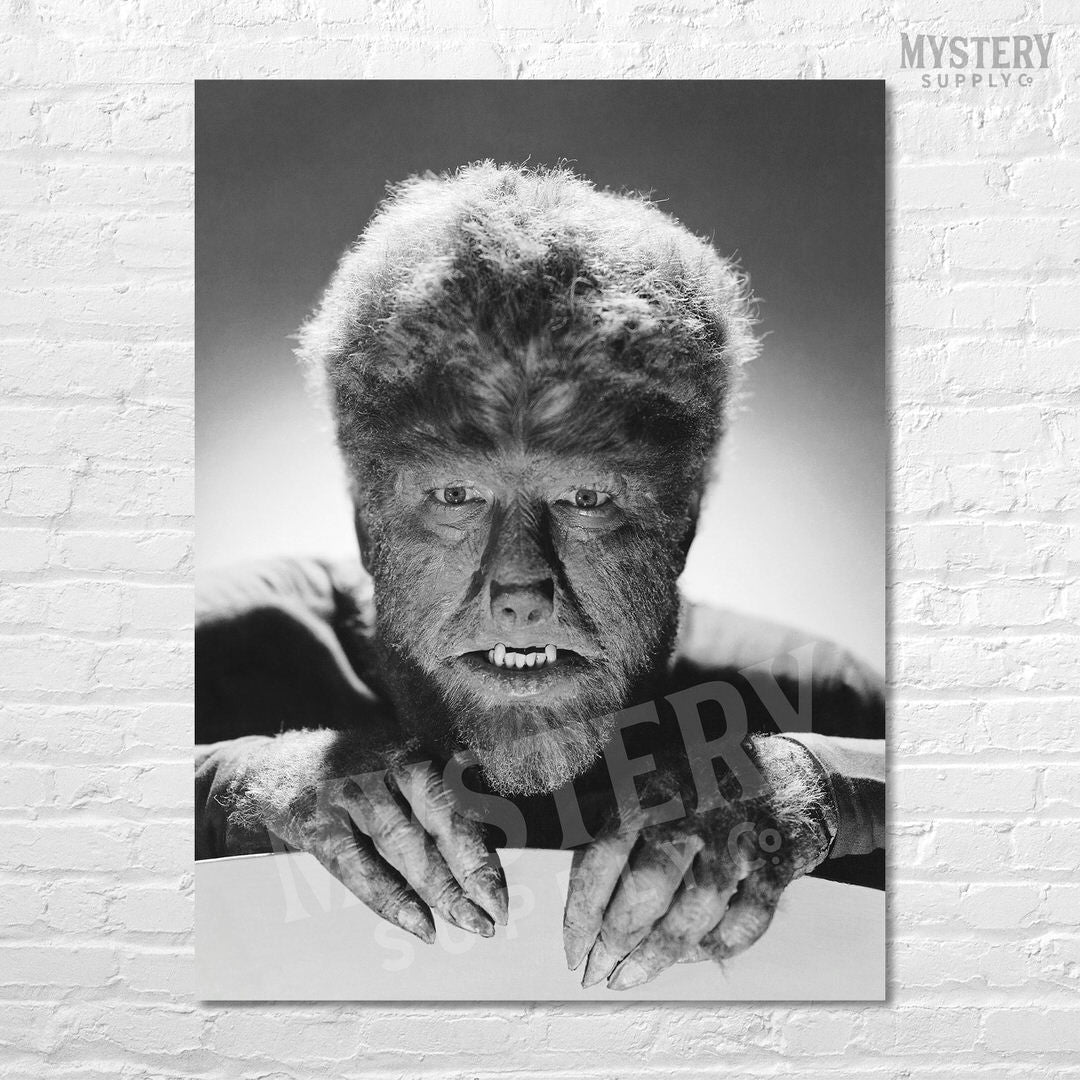 The Wolf Man 1941 Vintage Horror Movie Monster Lon Chaney Jr. Werewolf fangs and claws Black and White photo reproduction from Mystery Supply Co. @mysterysupplyco