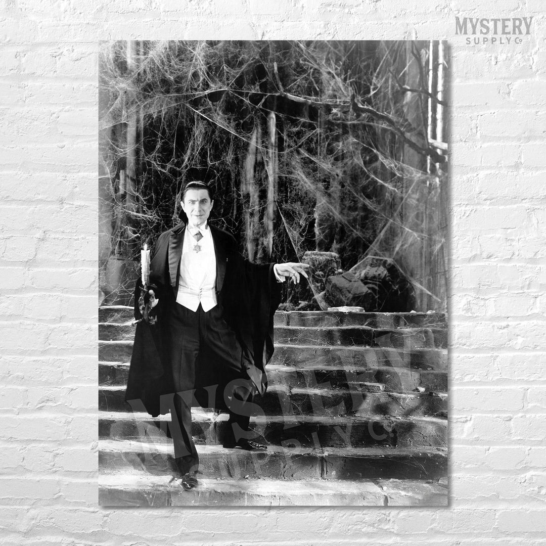 Dracula 1930s Vintage Bela Lugosi Horror Movie Vampire Monster Spooky Candle Steps Cobwebs Black and White Photo reproduction from Mystery Supply Co. @mysterysupplyco