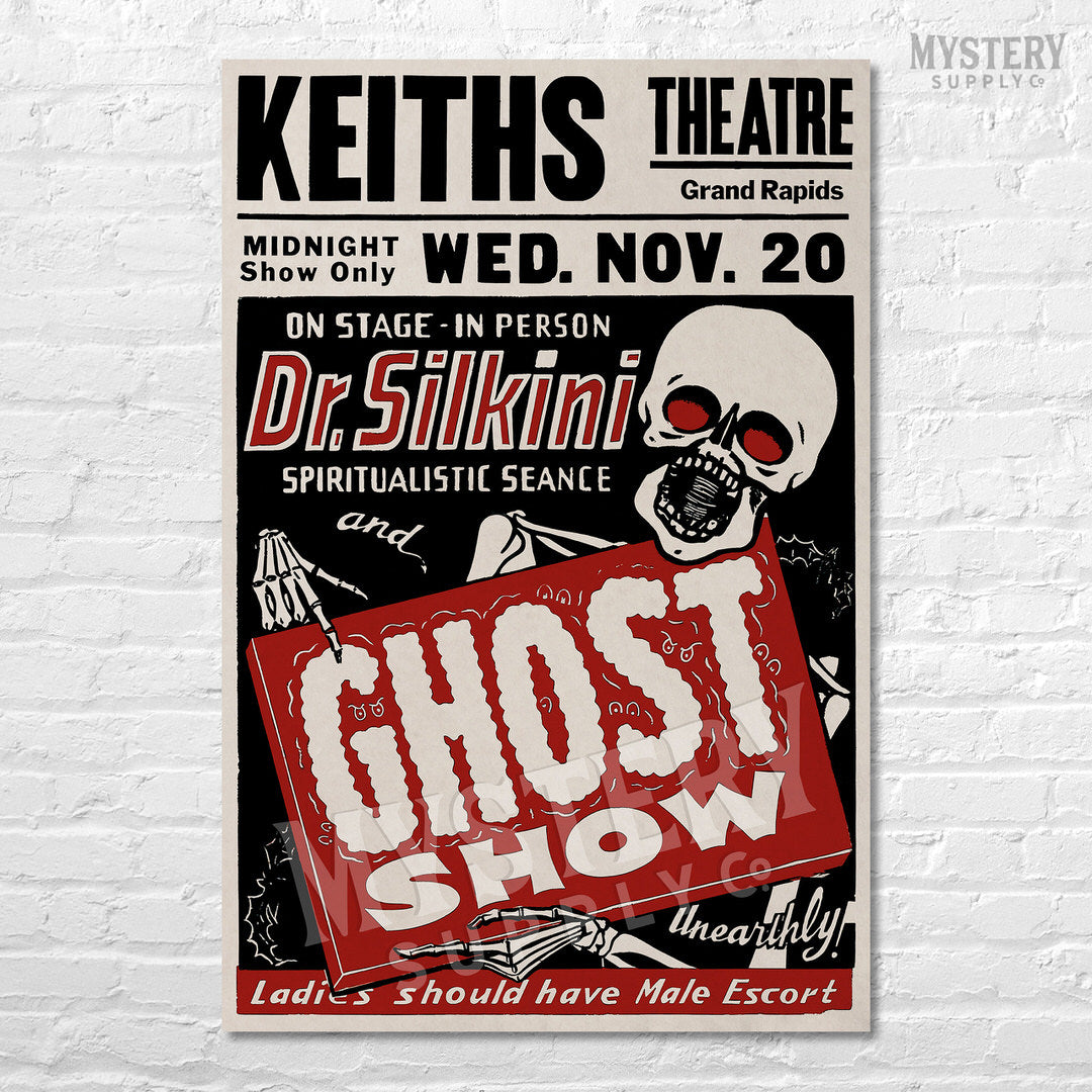 Dr. Silkini Spiritualistic Seance Ghost Show 1940s vintage horror skull skeleton shock show poster reproduction from Mystery Supply Co. @mysterysupplyco