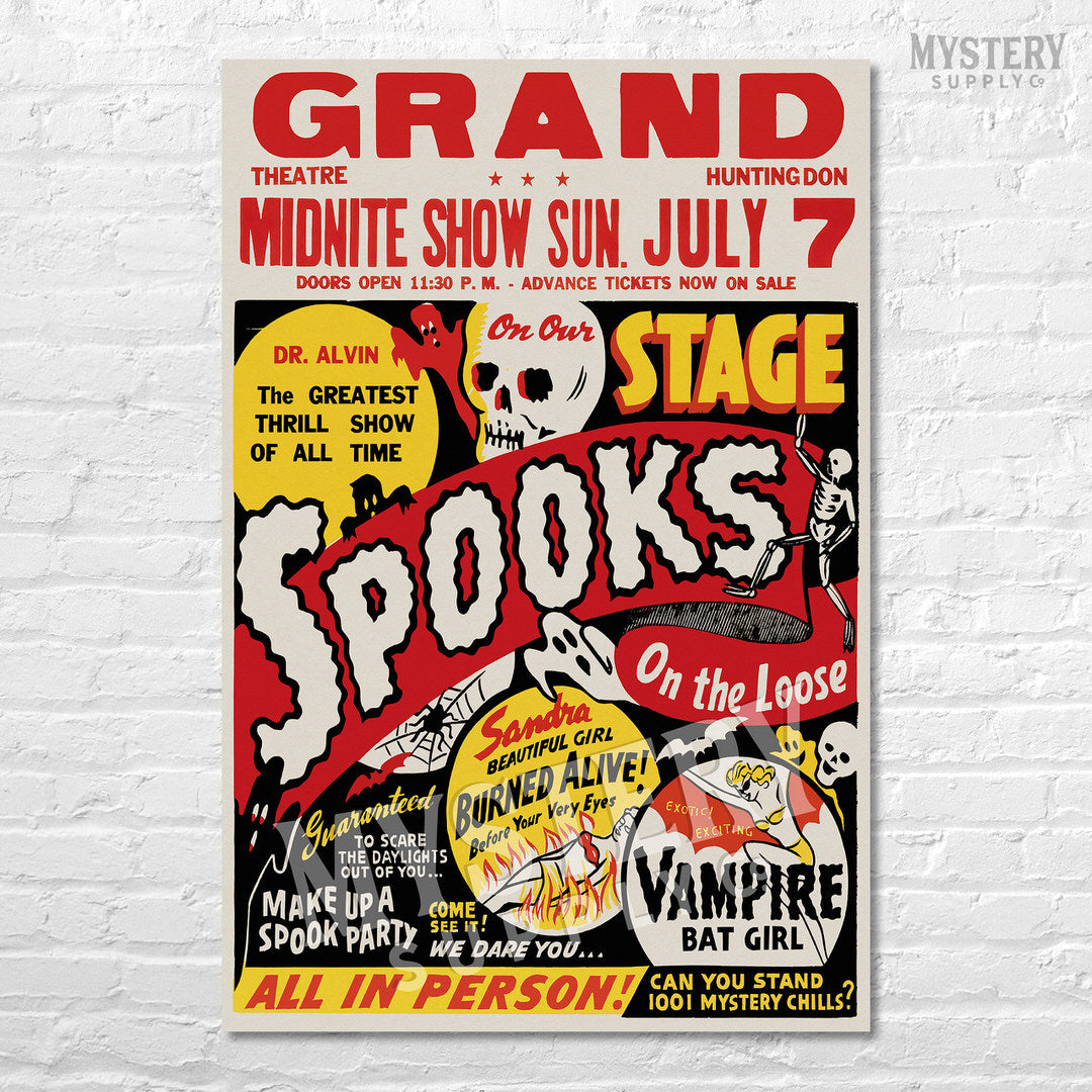 Spooks on the Loose Ghost Show 1950s vintage horror monster skull skeleton shock show poster reproduction from Mystery Supply Co. @mysterysupplyco