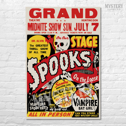 Spooks on the Loose Ghost Show 1950s vintage horror monster skull skeleton shock show poster reproduction from Mystery Supply Co. @mysterysupplyco