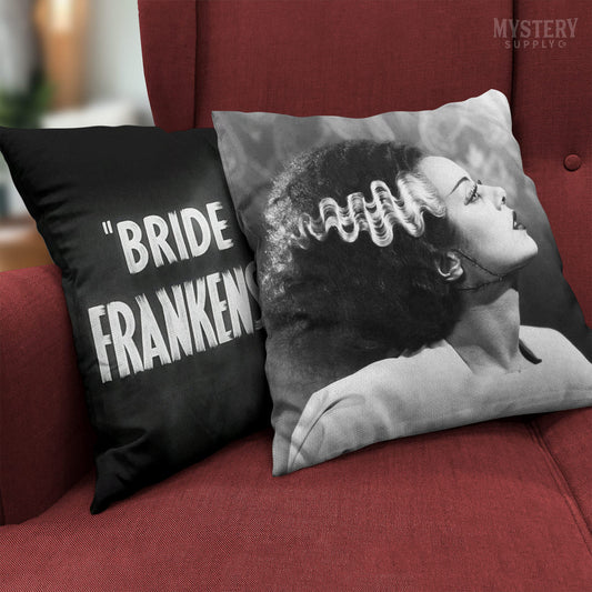 Bride of Frankenstein vintage horror Universal Monster photo double sided square decorative throw pillow room decor from Mystery Supply Co. @mysterysupplyco