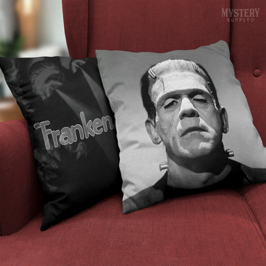 Frankenstein vintage horror Universal Monster photo double sided square decorative throw pillow room decor from Mystery Supply Co. @mysterysupplyco