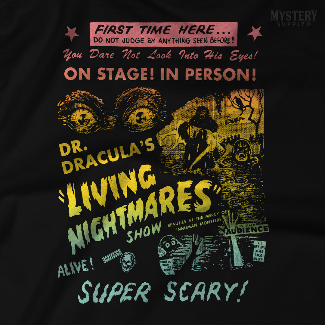 Dr Draculas Living Nightmares scary horror stage show Mens Womens Unisex Horror T-Shirt from Mystery Supply Co. @mysterysupplyco