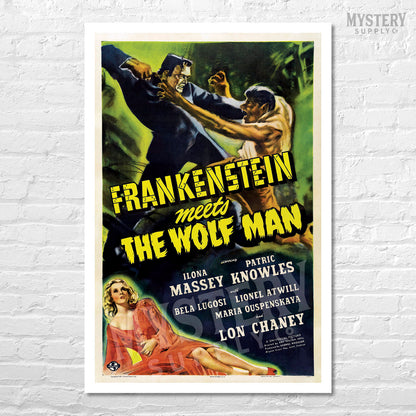 Frankenstein Meets the Wolf Man 1943 vintage horror monster werewolf movie poster reproduction from Mystery Supply Co. @mysterysupplyco