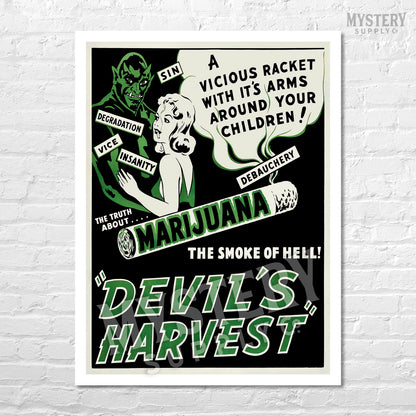 Devils Harvest 1942 vintage marijuana reefer weed cannabis exploitation movie poster reproduction from Mystery Supply Co. @mysterysupplyco