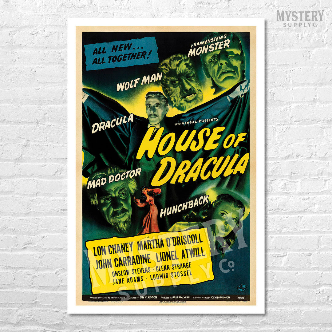 House of Dracula 1945 vintage horror vampire Frankenstein Wolf Man Mad Doctor Hunchback Universal monster movie poster reproduction from Mystery Supply Co. @mysterysupplyco