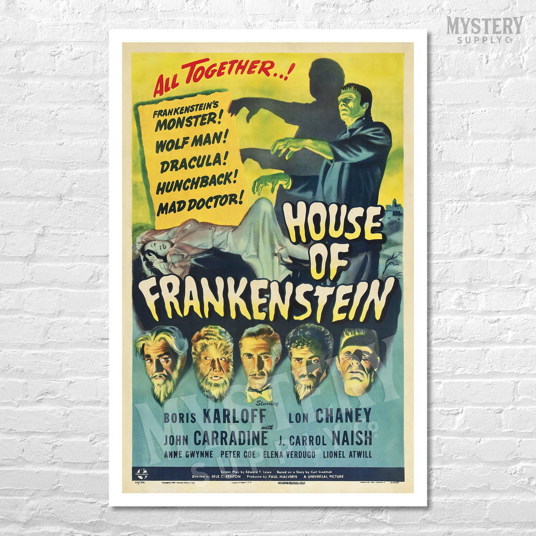 House of Frankenstein 1944 vintage horror vampire Dracula Wolf Man Mad Doctor Hunchback Universal monster movie poster reproduction from Mystery Supply Co. @mysterysupplyco