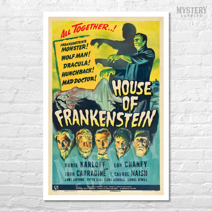 House of Frankenstein 1944 vintage horror vampire Dracula Wolf Man Mad Doctor Hunchback Universal monster movie poster reproduction from Mystery Supply Co. @mysterysupplyco