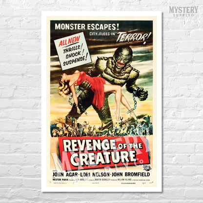 Revenge of the Creature 1955 vintage horror black lagoon gill man monster movie poster reproduction from Mystery Supply Co. @mysterysupplyco