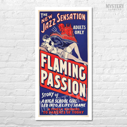 Flaming Passion 1930 vintage exploitation devil pitchfork lingerie stockings jazz movie poster reproduction from Mystery Supply Co. @mysterysupplyco