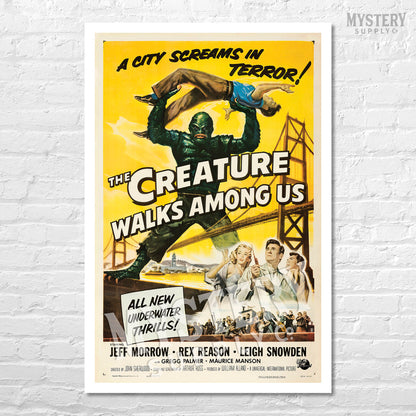 The Creature Walks Among Us 1956 vintage horror black lagoon gill man monster movie poster reproduction from Mystery Supply Co. @mysterysupplyco