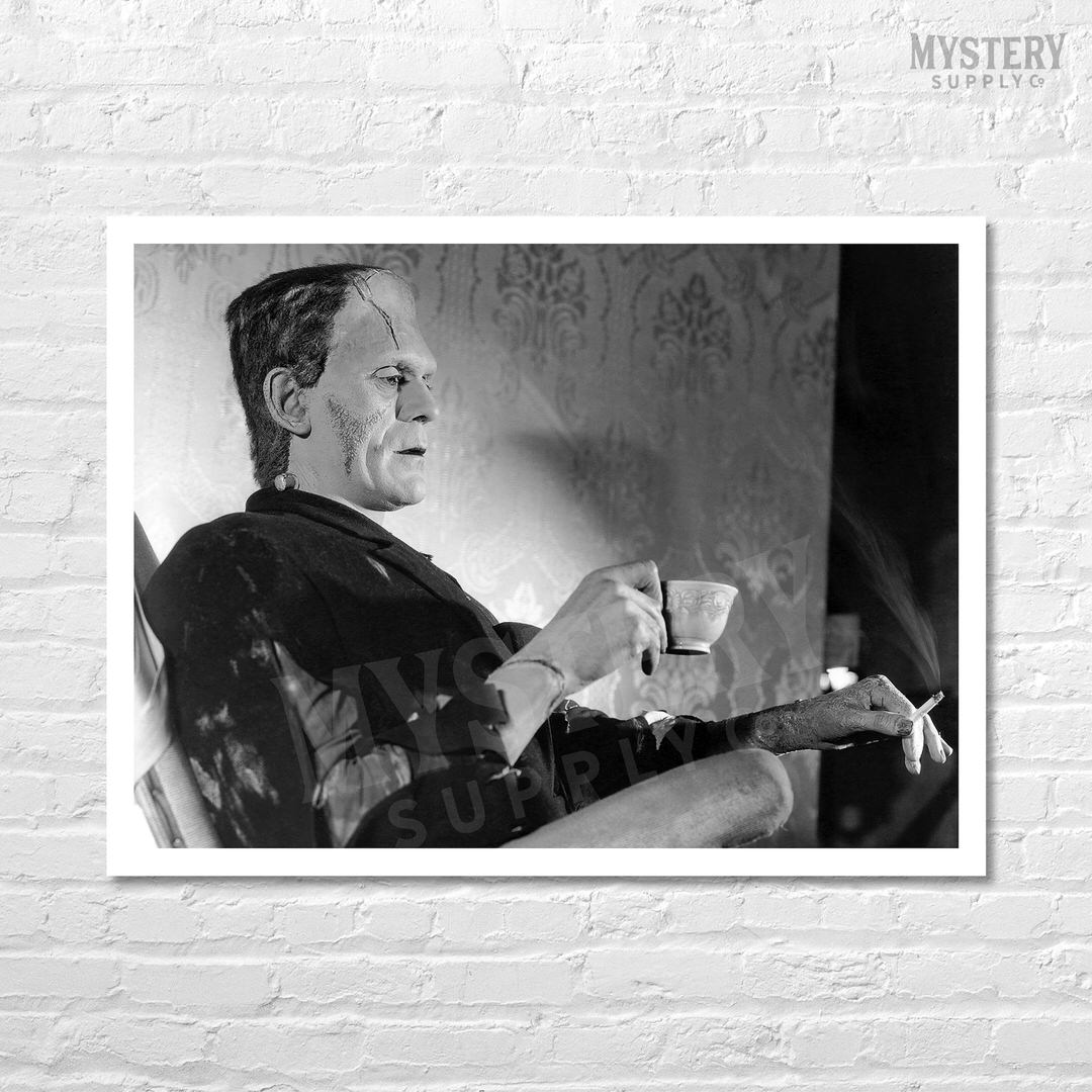 Frankenstein Vintage Boris Karloff Relaxing Smoking Drinking Tea Horror Movie Monster Black and White Photo reproduction from Mystery Supply Co. @mysterysupplyco