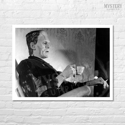Frankenstein Vintage Boris Karloff Relaxing Smoking Drinking Tea Horror Movie Monster Black and White Photo reproduction from Mystery Supply Co. @mysterysupplyco