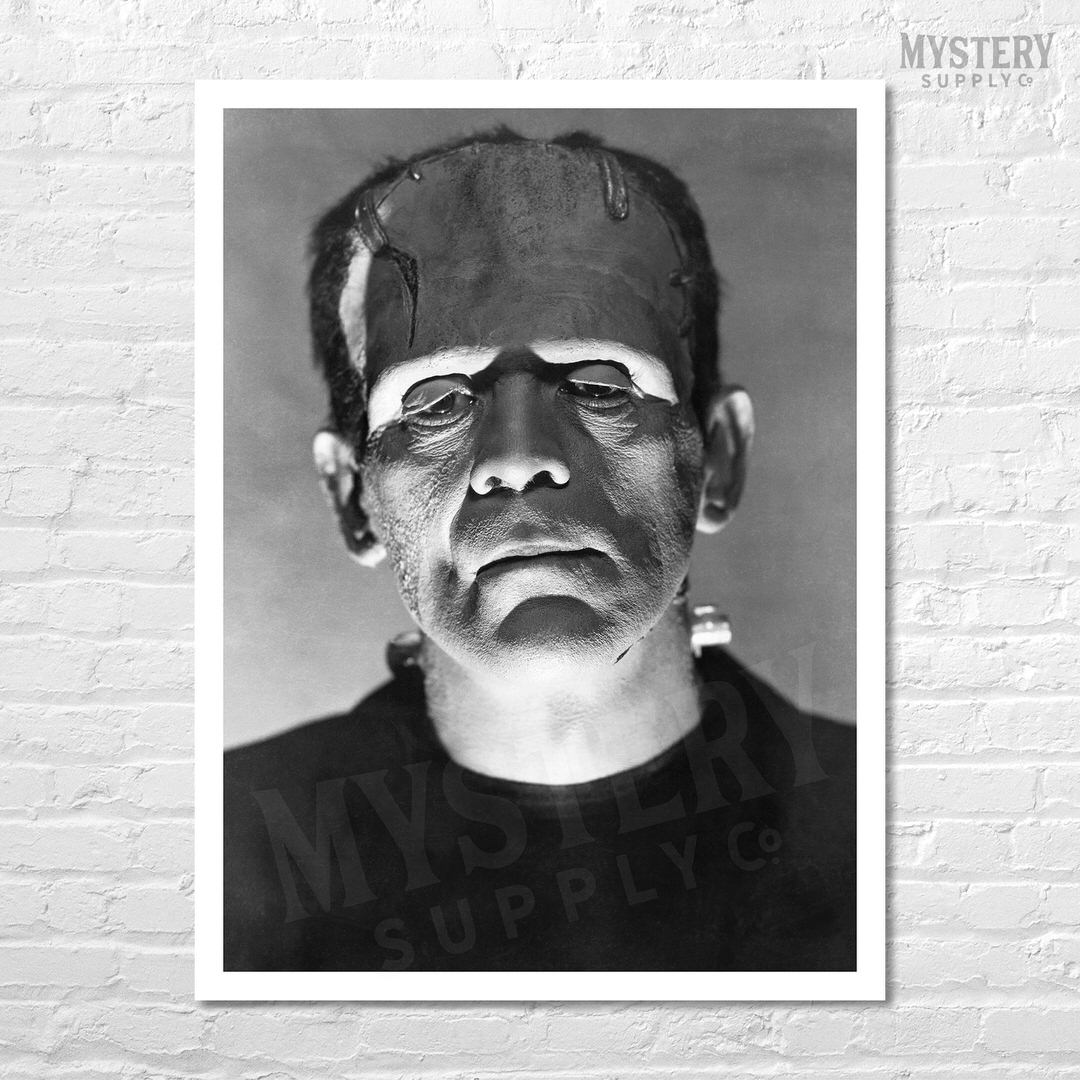 Frankenstein 1930s Vintage Horror Movie Monster Portrait Black and White Photo reproduction from Mystery Supply Co. @mysterysupplyco