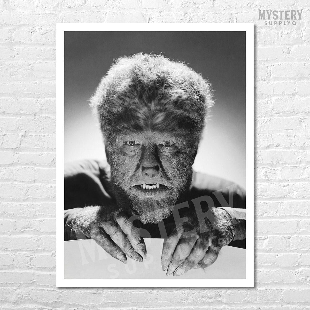 The Wolf Man 1941 Vintage Horror Movie Monster Lon Chaney Jr. Werewolf fangs and claws Black and White photo reproduction from Mystery Supply Co. @mysterysupplyco