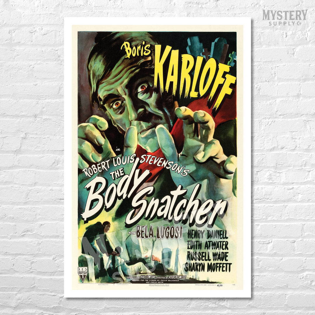 The Body Snatcher 1945 vintage Boris Karloff Bela Lugosi horror movie poster reproduction from Mystery Supply Co. @mysterysupplyco
