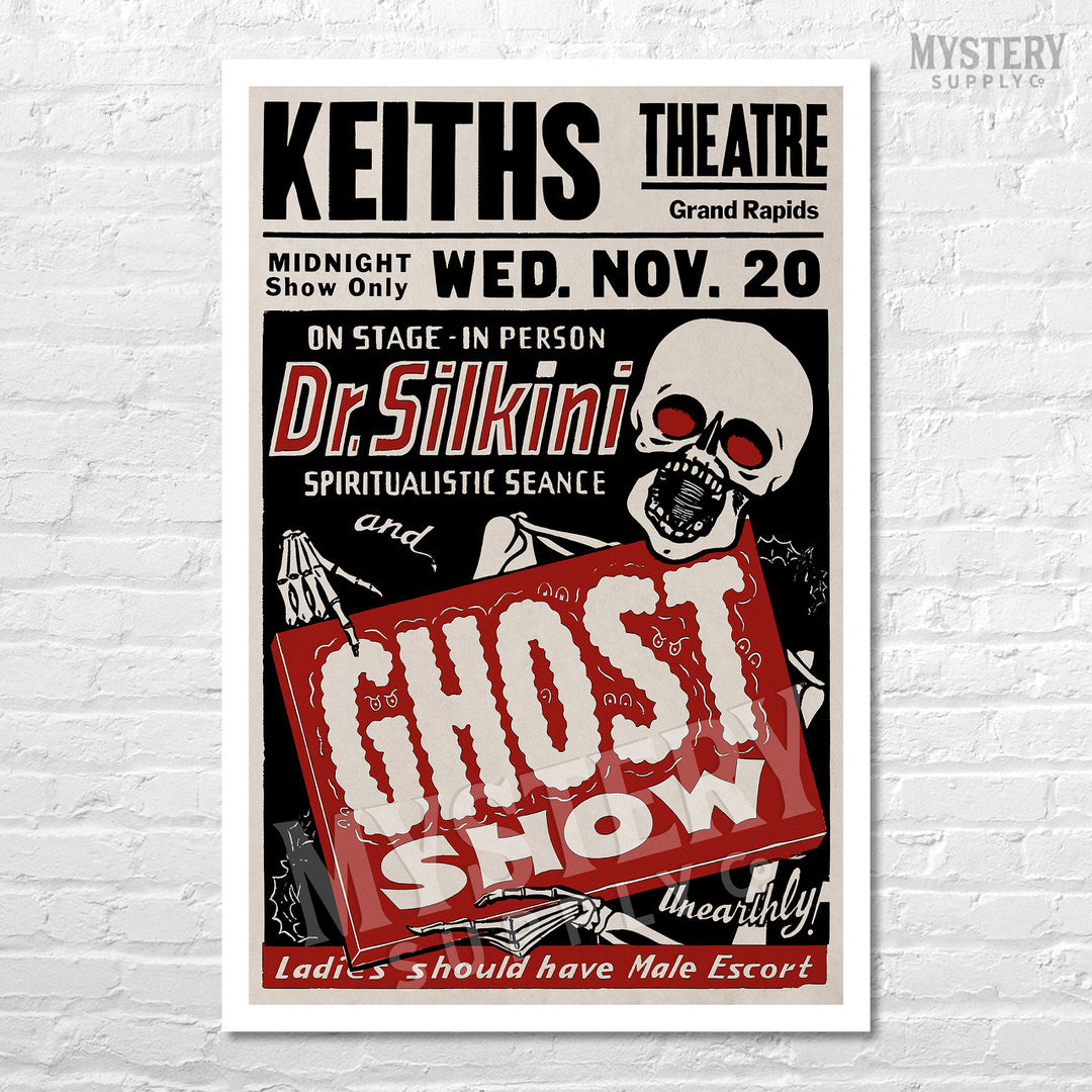 Dr. Silkini Spiritualistic Seance Ghost Show 1940s vintage horror skull skeleton shock show poster reproduction from Mystery Supply Co. @mysterysupplyco